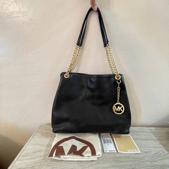 Michael Kors Jet Set Chain Large Shoulder Tote Black Leather Gold Logo - Picture 1 of 14
